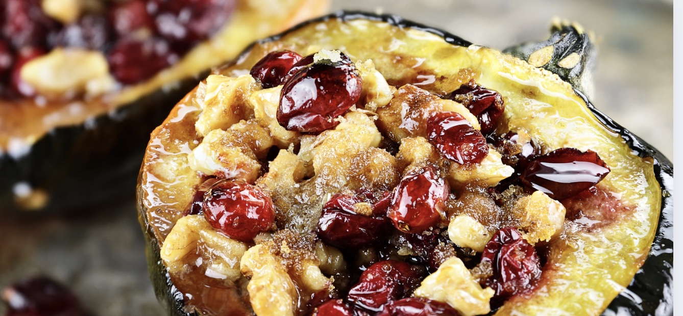 Stuffed Acorn Squash with Quinoa, Cranberries, and Walnuts